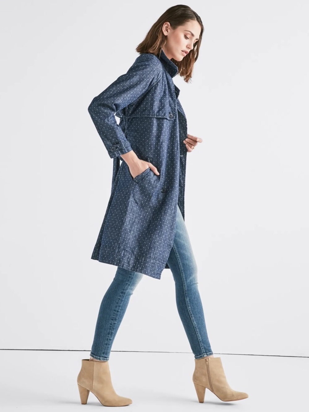 Lucky Brand Blue Polka Dot Chambray Tie Trench Coat Medium